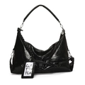 Bolso hobo retro negro de gran capacidad en cuero plisado brillante con etiqueta - Negro