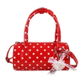 Red cylindrical polka dot handbag with white lace bow and pearl charm details - With Pendant / Red