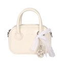 Chic cream white small square handbag with pearl lace bow and polished leather finish - With Pendant / White