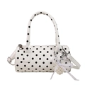 Polka dot cylindrical handbag in white PU leather with pearl and lace bow charm - With Pendant / White