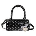 Black polka dot Boston handbag with glossy finish and pearl lace heart charm - With Pendant / Black