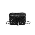 Quilted black leather mini crossbody bag with crystal studs and silver chain strap - Black
