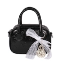 Chic black crinkled patent leather bowling bag with pearl charm and lace bow detail - With Pendant / Black