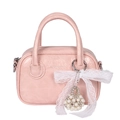 Pink glossy square handbag with double handles and decorative lace bow and pearl charm - With Pendant / Pink