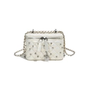 White quilted vanity case with diamonds, silver camellia charm and chain strap - Pearl White