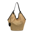 Borsa tote in paglia kaki con finiture in pelle nera e ciondolo a cuore - Nero