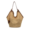 Grande borsa tote in paglia beige con manici in pelle marrone e ciondolo laterale - Marrone