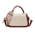 Schicke beige Canvas-Handtasche mit braunem Lederbesatz und Herz-Seidenschal am Griff - Weiß und Braun