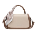 Schicke cremefarbene Web-Handtasche mit braunem Lederbesatz und Herz-Seidenschal - Weiß & Khaki