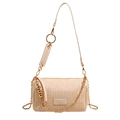 Zylindrische Strohtasche in Beige mit Lederriemen und goldener Kettenverzierung - Gebrochenes Weiß