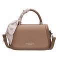 Brown leather crossbody bag with woven texture and heart pattern silk scarf on handle - Brown