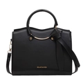 Elegante bolso estructurado negro con asas de anillo doradas y detalles de lazo lateral - Negro