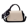 Beige canvas small square bag with black leather trim and decorative heart scarf - White and Black