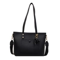 Black litchi grain tote bag with two handles and wide black-and-white shoulder strap - Black
