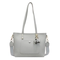 Light grey pebble grain leather tote bag with wide strap and elephant charm - Blue