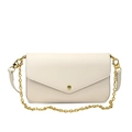 Minimalistische beige Umhängetasche aus genarbtem Leder mit goldener Kette - Weiß