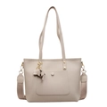 Beige textured tote bag with top handles, wide strap, and elephant charm accessory - Off White