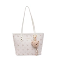 Cream white large capacity tote bag with deer pattern and teddy bear pendant - With Pendant / Off White