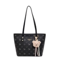 Black tote bag with deer pattern, gold logo and pink plush bear charm accessory - With Pendant / Black
