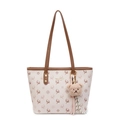 Beige tote bag with reindeer pattern and brown trim, featuring a cute bear pendant - With Pendant / Brown