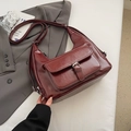 Fashionable dark red oil wax leather shoulder bag with contrast stitching and buckle detail - Burgundy