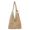 Bolso de hombro de algodón calado beige con colgante de tulipán blanco - Caqui