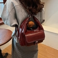 Deep red vintage oil wax leather backpack for women with brown plush dog charm - Wine Red With Charm