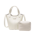 White lychee pattern leather bucket bag set with inner pouch and adjustable strap - White