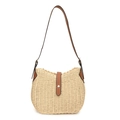 Sac bandoulière en paille beige avec lanières en cuir marron et fermoir pression argenté - Blanc Cassé
