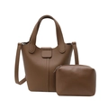 Brown litchi grain leather bucket bag with matching small pouch and shoulder strap - Brown