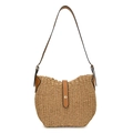 Sac bandoulière minimaliste en paille tressée avec bandoulière en cuir marron et bouton - Kaki