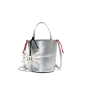 Silver metallic bucket bag with pleated texture, red drawstrings and floral charm - Silver