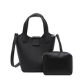 Fashionable black lychee grain bucket bag set with shoulder strap and inner pouch - Black