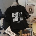 Women's black oversized cotton T-shirt featuring stylish fashion portrait prints - Black