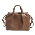 Brown ruched cloud bag in soft litchi grain leather with chain strap and top handles - Brown