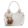 White faux crocodile leather bucket bag with top handle and cute teddy bear charm pendant - With Pendant / Off White