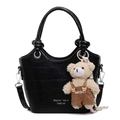 Black crocodile pattern bucket bag with adjustable strap and cute plush bear charm - With Pendant / Black