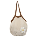 Borsa tote all'uncinetto beige con bordo marrone e dettaglio fiore 3D bianco sul lato - Marrone