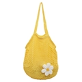 Borsa tote in rete di cotone giallo brillante con un fiore decorativo all'uncinetto - Giallo