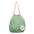 Light green cotton mesh shopping bag with pink trim and a white floral accent - Green