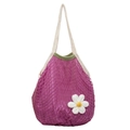 Purple cotton mesh tote bag with green trim, cream handles and crochet daisy flower - Purple