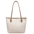 Bolso tote grande beige de cuero suave con asas marrones y letras de moda casual - Blanco Roto