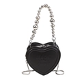Mini borsa a tracolla a cuore in pelle PU nera con manico di perle d'argento e catena - Nero