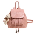 Sac à dos rose en cuir PU texturé avec un joli pendentif ours en peluche doux - Rose