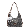 Bolso tote de jacquard floral gris con correas de cuero marrón y colgante de nube - Negro