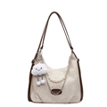 Bolso tote de lona crema con cuero marrón, cadena de perlas y colgante de nube - Blanco Roto