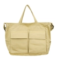 Borsa tote in tela beige con doppie tasche anteriori a patta e tracolla versatile - Cachi