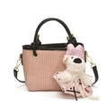 Pink woven bucket bag with black leather straps and a cute white puppy pendant - With Pendant / Pink