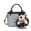 Blue and white woven straw crossbody bag with black handles and a cute bear charm - With Pendant / Blue