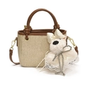 Summer straw tote bag featuring brown leather handles and a cute plush puppy pendant - With Pendant / Khaki